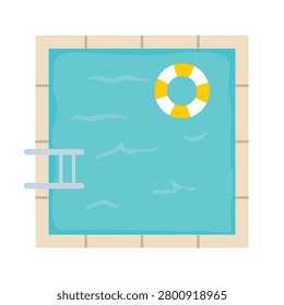 square swimming pool with rubber ring and ladder, top view summer recreation and poolside leisure concept -vector illustration