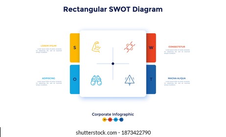 Square SWOT chart divided into 4 parts. Concept of threats, weaknesses, strengths, opportunities of company. Corporate infographic design template. Flat vector illustration for business planning.
