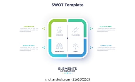 Square SWOT chart divided into four paper white parts. Concept of threats, weaknesses, strengths, opportunities of company. Simple clean infographic design template. Modern flat vector illustration.