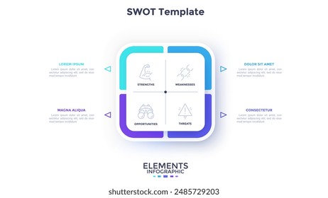 Square SWOT chart divided into four paper white parts. Concept of threats, weaknesses, strengths, opportunities of company. Simple clean infographic design template. Modern flat vector illustration.