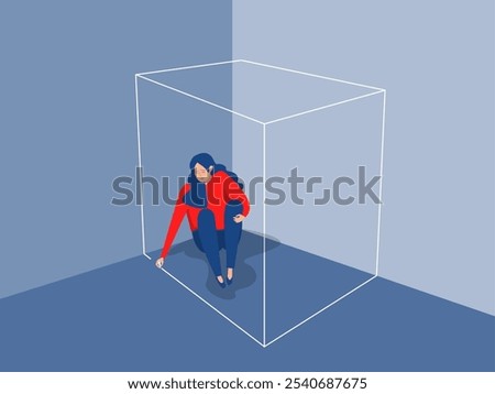  Square symbolizing comfort zone,Woman draws comfort zone around herself to get rid of unwanted contacts and protect peace of mind. Lonely,xperiences mental anguish due to fear