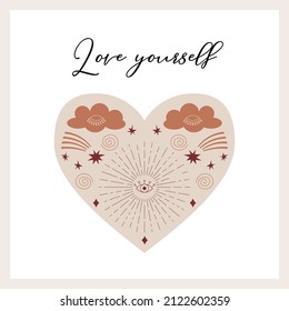 Square symmetrical postcard with the sun and rays, stars, closed eyes on the heart shape. Mysterious, mystical, boho, celestial symbols. Love yourself. Inspiring poster. Vector on a white background