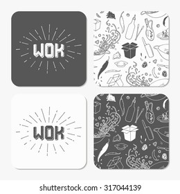 Square table coaster templates set with doodle wok noodles pattern and logo template and sunburst. Hand drawn table accessory template. Monochrome hipster style lettering. Vector illustration