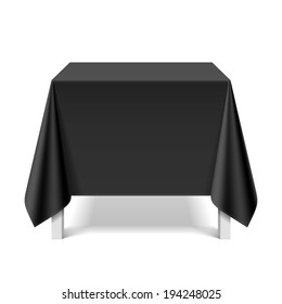 Square table covered with black tablecloth. Vector.