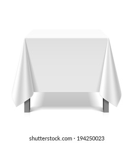 Square table covered with white tablecloth. Vector.