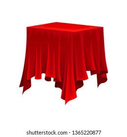 Square table under red silk cloth on white background.