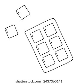 Square tablets, cold and flu lozenges or pills package, doodle vector outline for coloring book