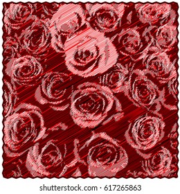 Square tapestry with floral pattern of stylized roses on diagonal grunge striped backdrop in red,black,grey colors