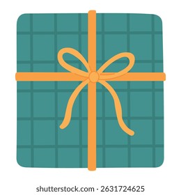 Square teal gift box with grid pattern and yellow ribbon, ideal for simple festive packaging.