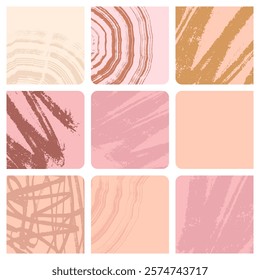 Square template of 9 squares arranged in 3 rows and columns with rounded edges. Vector templates for text, photo collage with textured brush strokes in powder and pink tones.