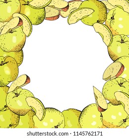 Square template with apples, apple slices. Hand drawn food illustration. 