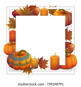 A square template with autumn decorations. Autumn decorations, pumpkins, autumn leaves and candles