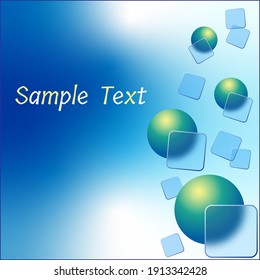 Square template with balls, glass morphism effect squares, copy space on gradient blue and white background. Vertical composition with overlapping elements. Vector.