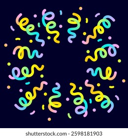 Square template, banner with 3d confetti from party poppers, flying to the sides neon ribbon, streamers on black background, fireworks for birthday celebration with empty space for text. Vector EPS10

