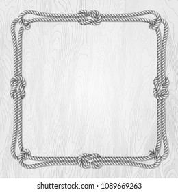 Square template, banner or greeting card on a blue wooden background with ropes, vector illustration