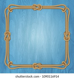 Square template, banner or greeting card on a blue wooden background with ropes, vector illustration