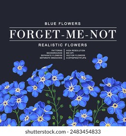 Square template with botanical design for greeting cards, wedding invitations, parties. Text space can be used to design cosmetic products, advertising in social networks. Blue forget-me-not flowers