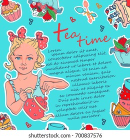 Square template of card, invitation  illustrated by hand. With a girl pouring tea and a set of sweetness. 