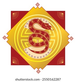 Quadratische Vorlage für das chinesische Neujahr der Schlange mit goldenen Details, Fans und rotem Hintergrund