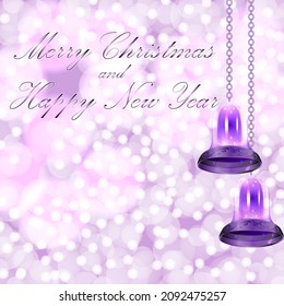 Square template with Christmas bells, purple bokeh, for banners, flyers, posts, cards, social media, social network. Christmas, New Year, winter. Vector illustration. Silver background