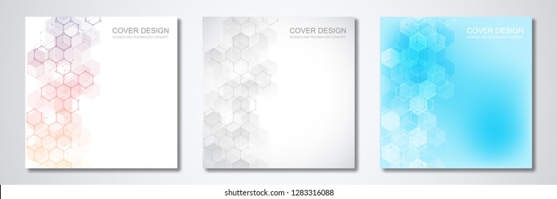 Square template for cover or brochure, with geometric abstract background of molecular structures and chemical compounds