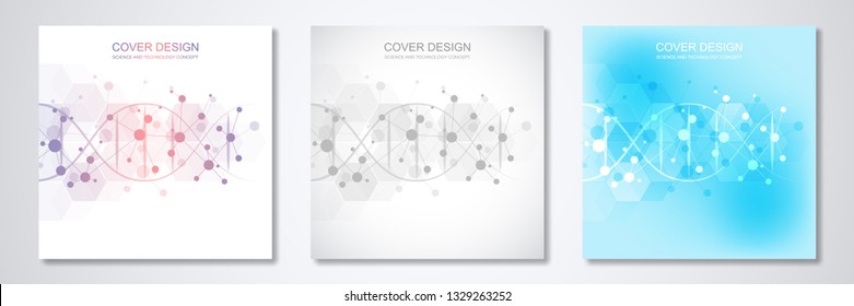Square template for cover or brochure, with molecules background and DNA strand. Medical or scientific and technological concept