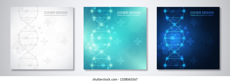 Square template for cover or brochure, with molecules background and DNA strand. Medical or scientific and technological concept