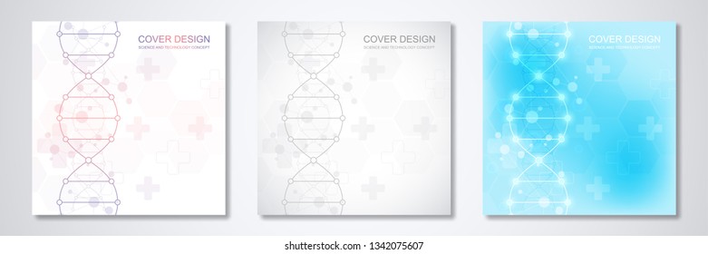 Square template for cover or brochure, with molecules background and DNA strand. Medical or scientific and technological concept