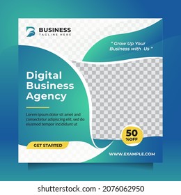 Square Template Design Social Media Post And Banner Promotion For Digital Business Agency With Modern Green Blue Color. Creative And Multipurpose Vector Banner Advertisement  