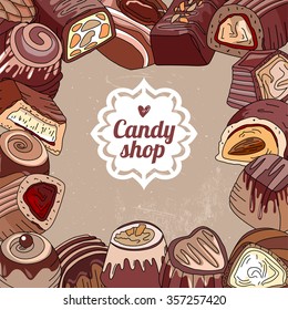 Square template with different  chocolate candies.  For your design, announcements, postcards, posters, restaurant menu.