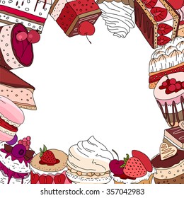 Plantilla cuadrada con postres diferentes.  Para su diseño, anuncios, postales, afiches, menú restaurante.