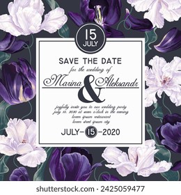 
Square template with floral background or frame. Dark purple and white tulips. Realistic botanical vector hand drawn. Place for text, label design, postcards, covers, social media posts etc