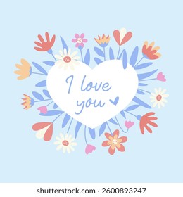 A square template with a floral heart pattern, with a place for the text. A layout for a birthday greeting card, wedding, declaration of love, stationery print