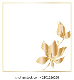 Marco de plantilla cuadrado decorado con un ramo de flores de magnolia, lleno de un gradiente dorado, sobre un fondo blanco. Coloca tu texto. 