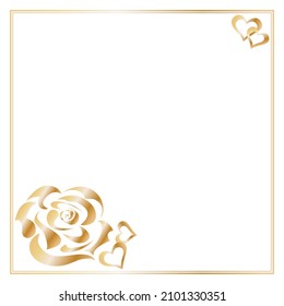 Square template frame, decorated with a bouquet of rose flowers and hearts with a golden gradient on a white background. Place for your text. 