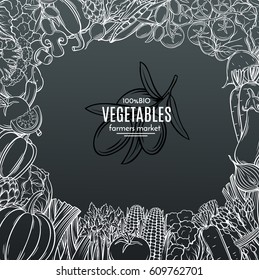 Square template frame with hand drawn vegetables for farmers market menu design. White on black. Vector vintage illustration.