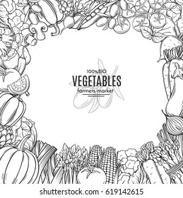 Square template frame with hand drawn vegetables for farmers market menu design. Vector vintage illustration.