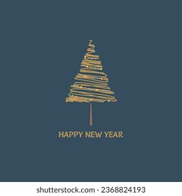 Square template Happy New Year and Christmas tree with garland. Concept of congratulations for the celebration of the New Year 2024