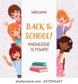 Square template with little preschool kids for educational designs, promotions, greeting cards, and online education. Vector illustration featuring cartoon children and a stack of books.