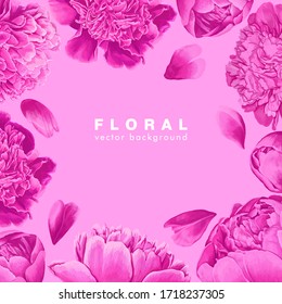 Plantilla cuadrada para publicaciones en redes sociales, afiches y pancartas con descuentos en tiendas. Fondo floral con marco de peonías rosadas y pétalos muy realistas. Tarjeta de saludo o invitación de boda