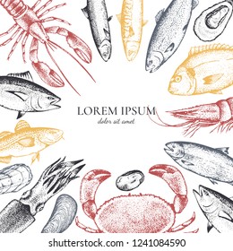 Square template of restaurant menu with different seafood: lobster, crab, dorado, tuna, shrimp, codfish, mackerel, oyster, mussel, tuna, salmon and anchovy. Vector. Colorful silhouettes. Hand-drawn.