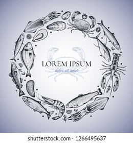 Square template of restaurant menu with different seafood: lobster, crab, dorado, tuna, shrimp, codfish, mackerel, oyster, mussel, tuna, salmon and anchovy. Vector. Grey gradient fill. Hand-drawn.