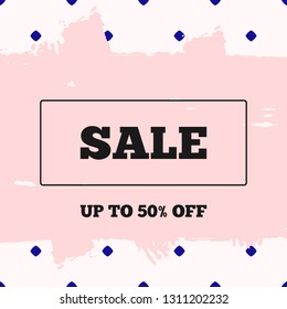 Square template Sale up to 50% off. Sketch, splash, watercolour, paint. Pink, purple, black. Vector illustration.
