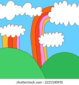 square template for social media. Editable layered photo frame.1970 psychedelic and groovy hippies.Fantasy naive background with rainbow,sky,clouds.90s good vibes.nostalgic publications, 00saesthetics