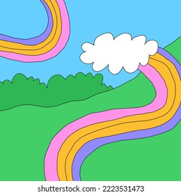 square template for social media. Editable layered photo frame.1970 psychedelic and groovy hippies.Fantasy naive background with rainbow,sky,clouds.90s good vibes.nostalgic publications, 00saesthetics