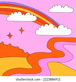 square template for social media. Editable layered photo frame.1970 psychedelic and groovy hippies.Fantasy naive background with rainbow,sky,clouds.90s good vibes.nostalgic publications, 00saesthetics