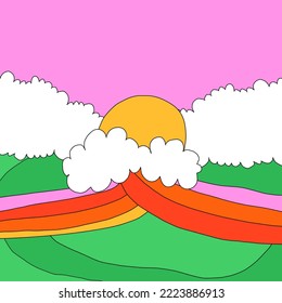 square template for social media. Editable layered photo frame.1970 psychedelic and groovy hippies.Fantasy naive background with rainbow,sky,clouds.90s good vibes.nostalgic publications, 00saesthetics