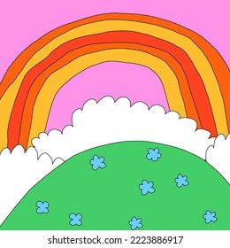 square template for social media. Editable layered photo frame.1970 psychedelic and groovy hippies.Fantasy naive background with rainbow,sky,clouds.90s good vibes.nostalgic publications, 00saesthetics