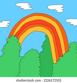 square template for social media. Editable layered photo frame.1970 psychedelic and groovy hippies.Fantasy naive background with rainbow,sky,clouds.90s good vibes.nostalgic publications, 00saesthetics