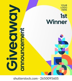 Square template for social media post announcement of giveaway winner with colorful geometric ornaments. Perfect for online store business marketing. Attractive giveaway background